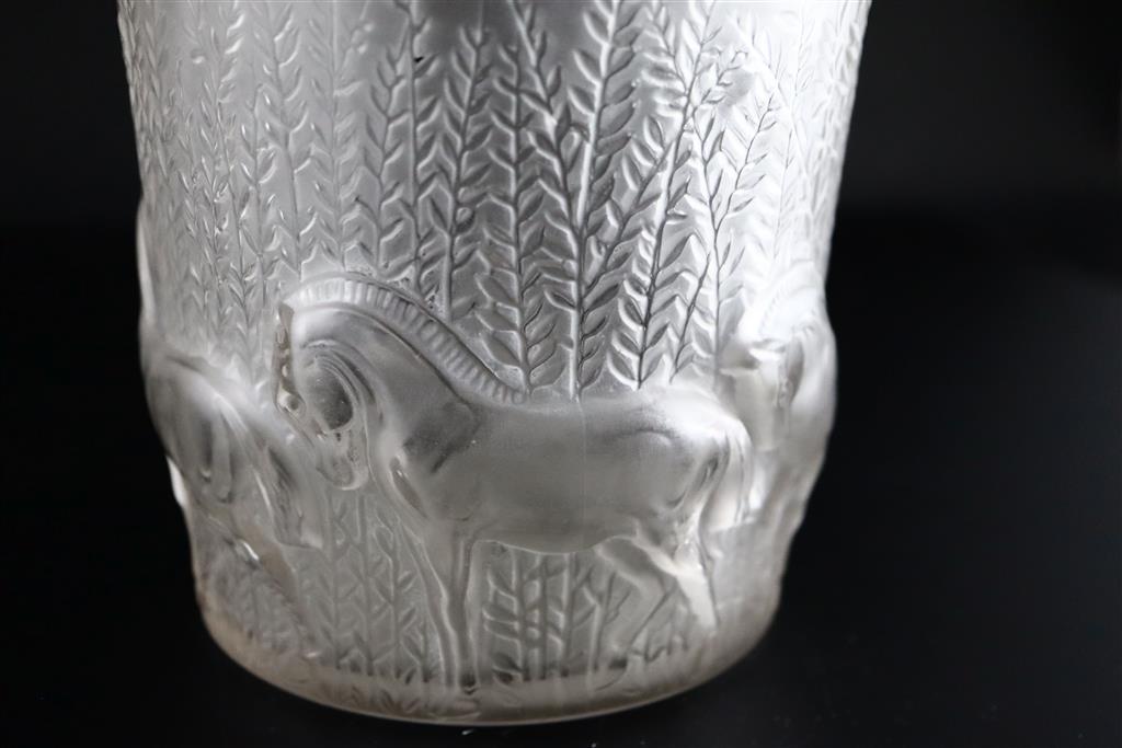 René Lalique. A pre-war frosted glass Chevaux pattern vase, no.1047, designed in 1930, 15.5cm high